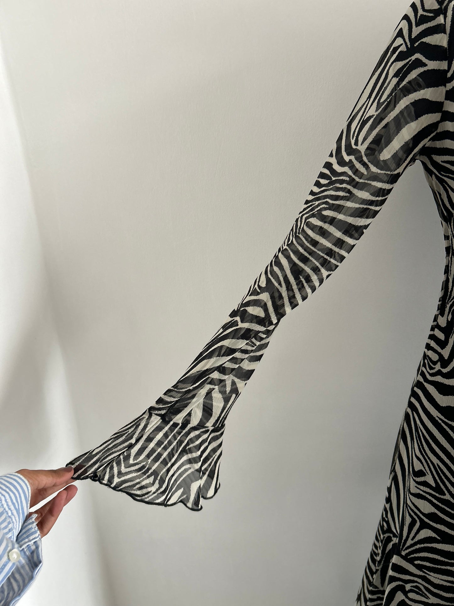 Boohoo Chiffon Ruffle Zebra Fit & Flare Maxi Dress in black