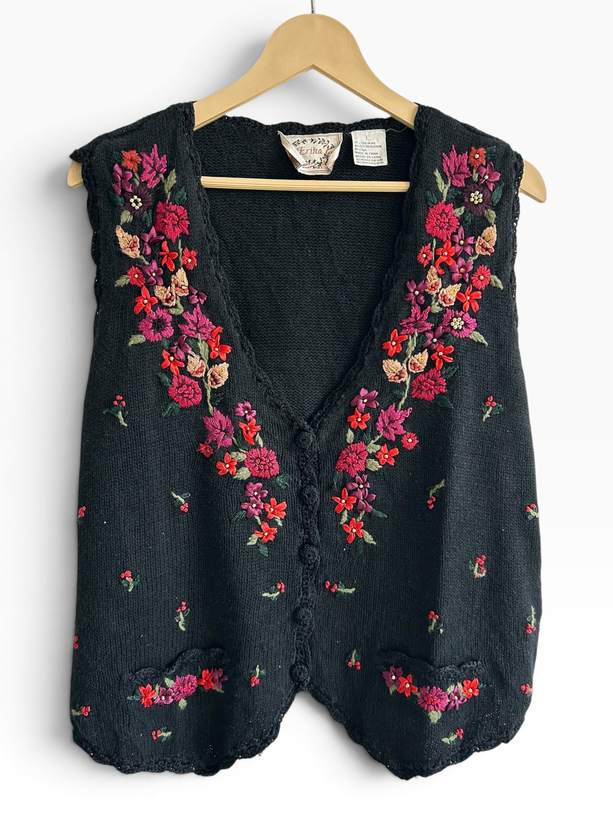 Floral Embroidered Black Vest