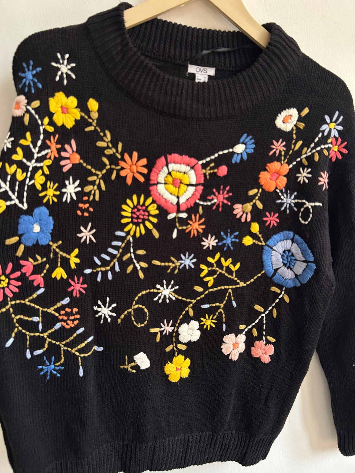 Vintage Wildflower Embroidered Black Knit Sweater