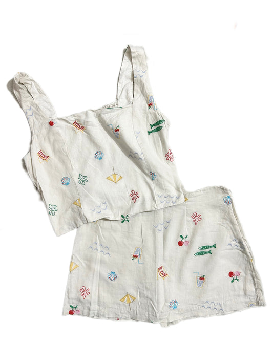 Cotton Linen Embroidered Skort Set