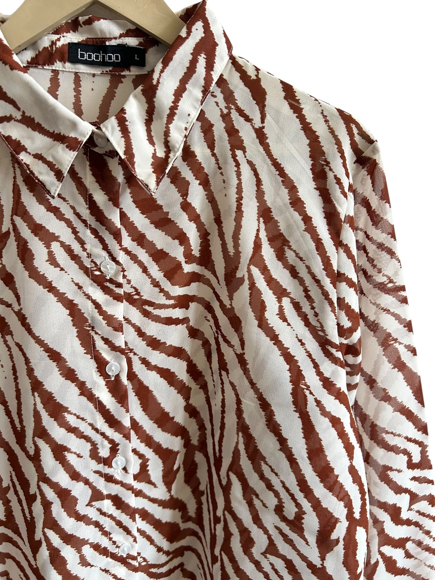 BOOHOO White and brown zebra print long-sleeve blouse