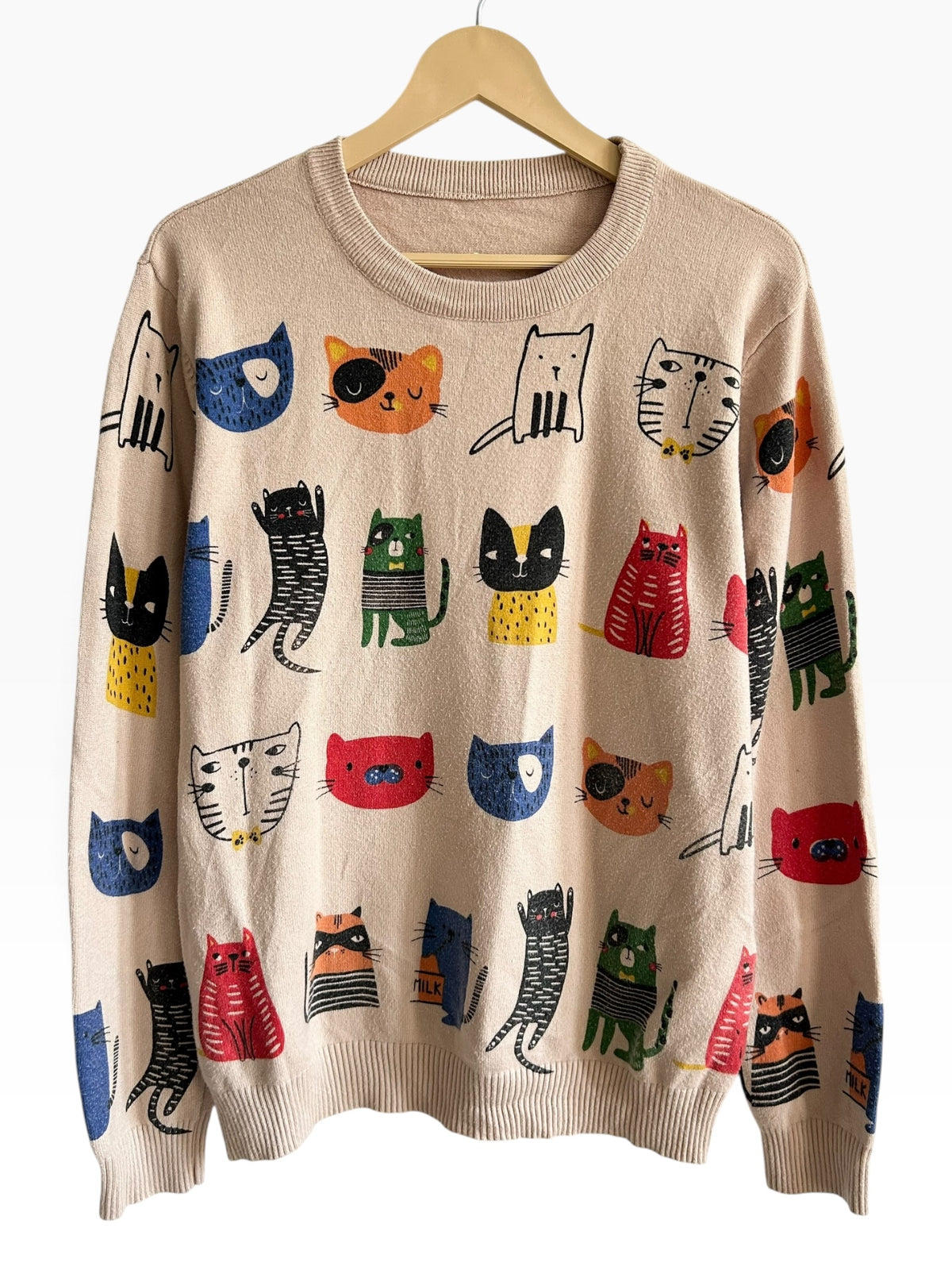 Vintage Doodle Cat Print Crewneck Sweater