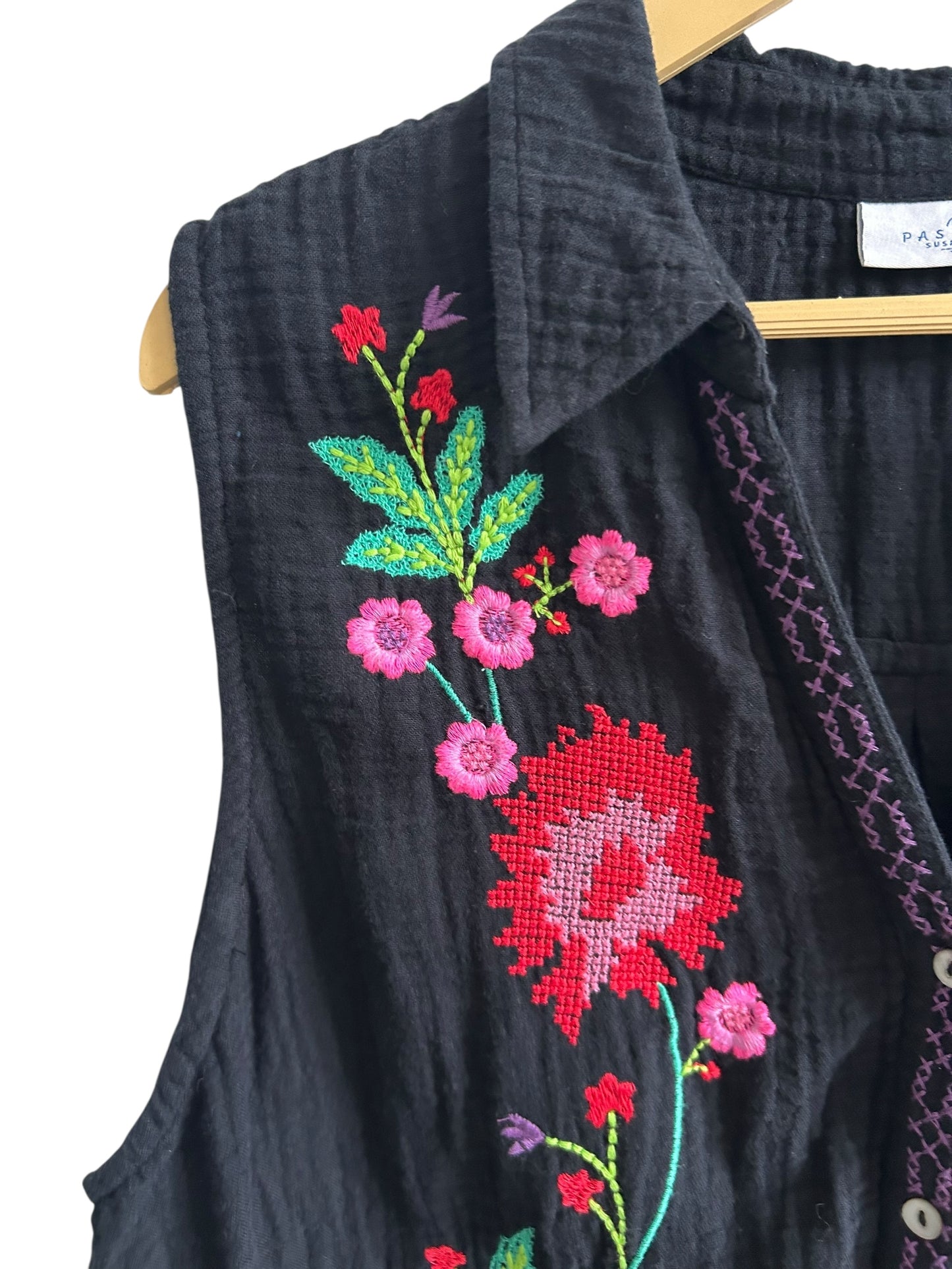 Black Cotton Embroidered Knot Top