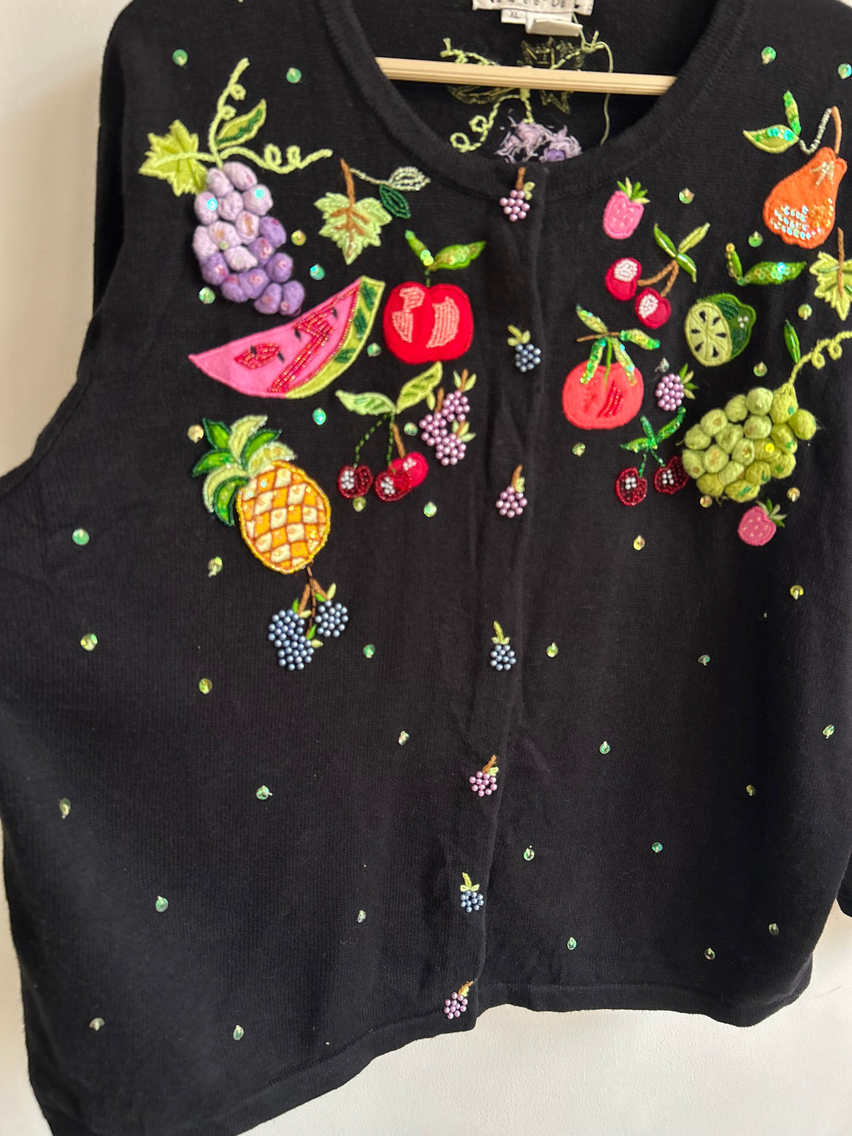 Fruit Basket Beaded Black Cardigan
