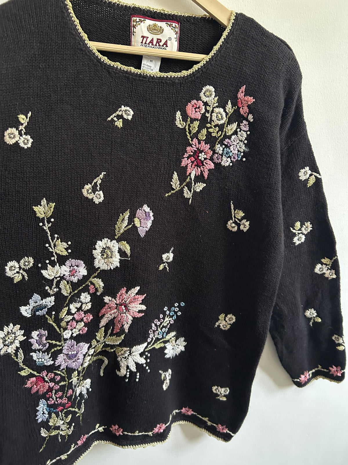 Vintage Floral Embroidered Black Sweater