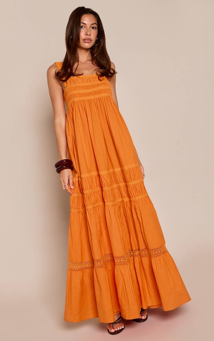 BURNT ORANGE LINEN LOOK EMBROIDERED DETAIL MAXI DRESS