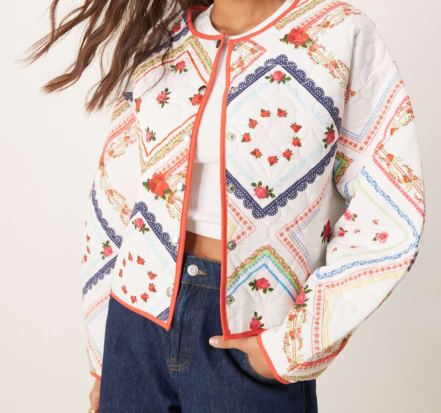 ASOS DESIGN quilted jacket with an all-over floral design