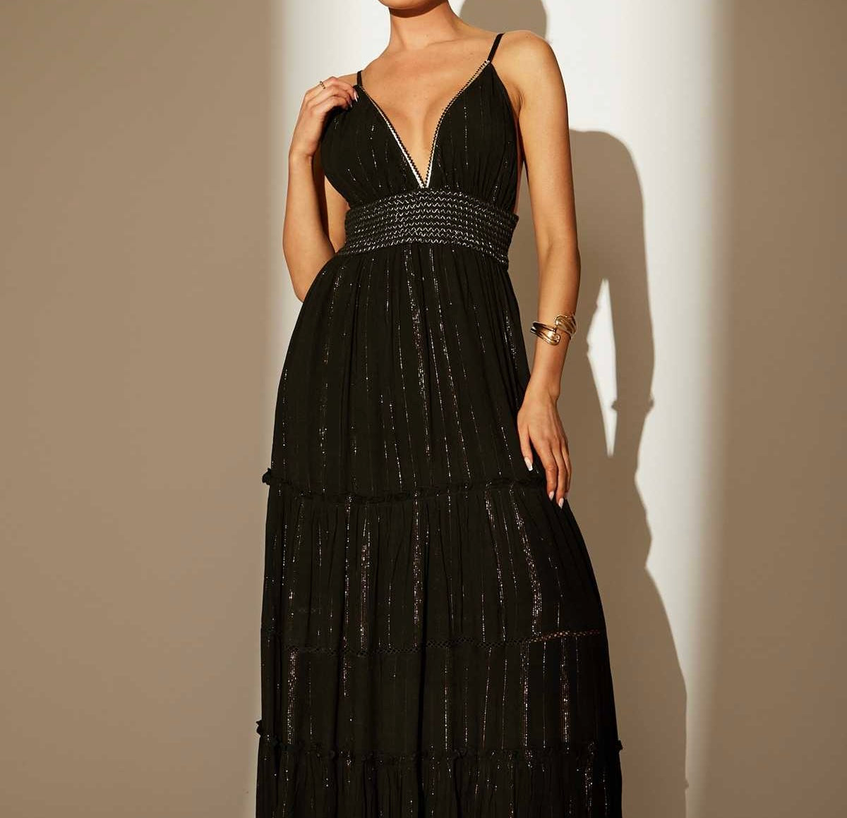 South Beach Black Metallic Stripe Maxi Dress