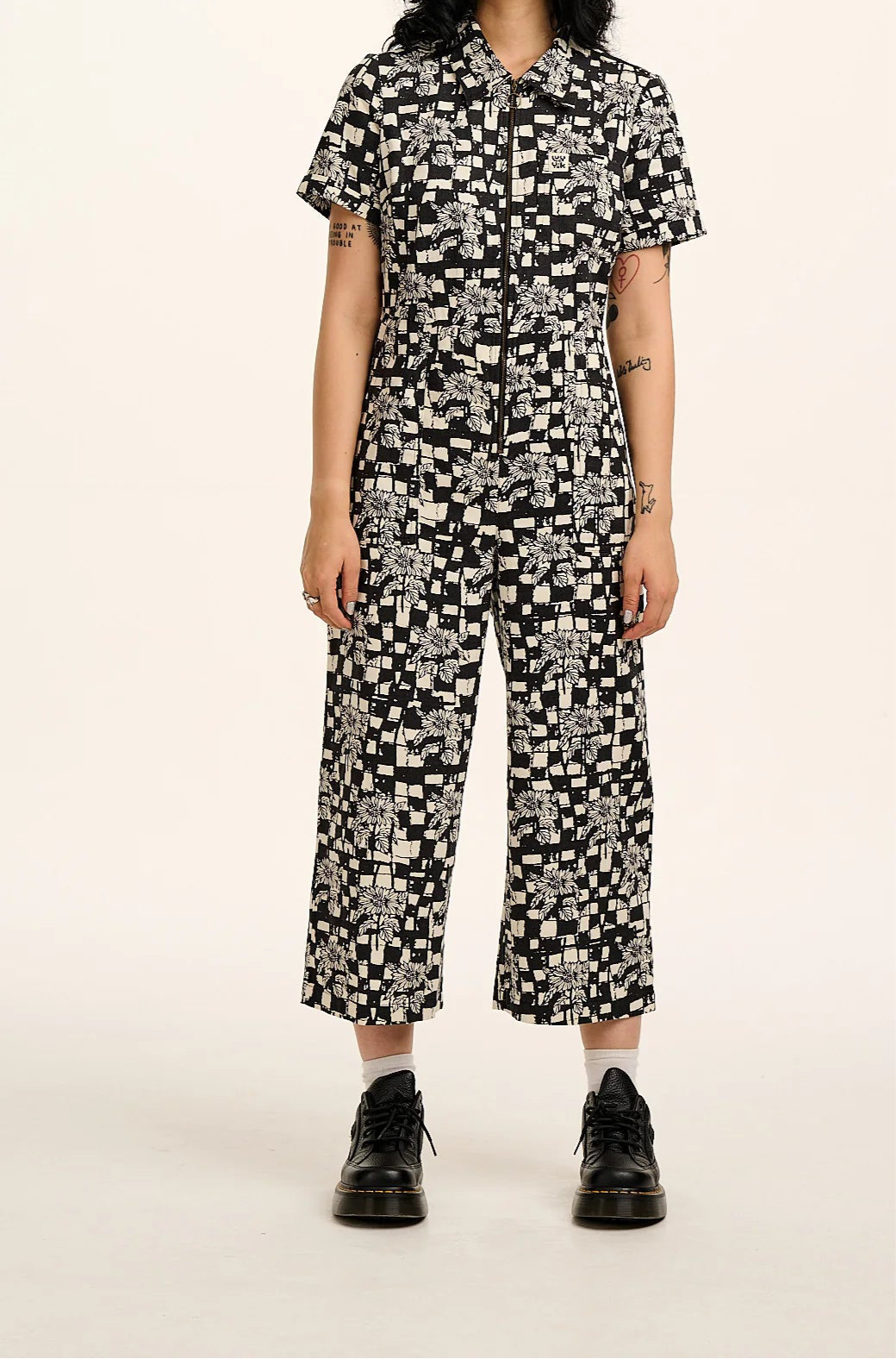 L.E. Ragan - Cotton Jumpsuit in Black & White Sunflower Check
