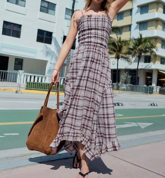 Charcoal Grey Check Shirred Body Asymetric Hem Midi Dress