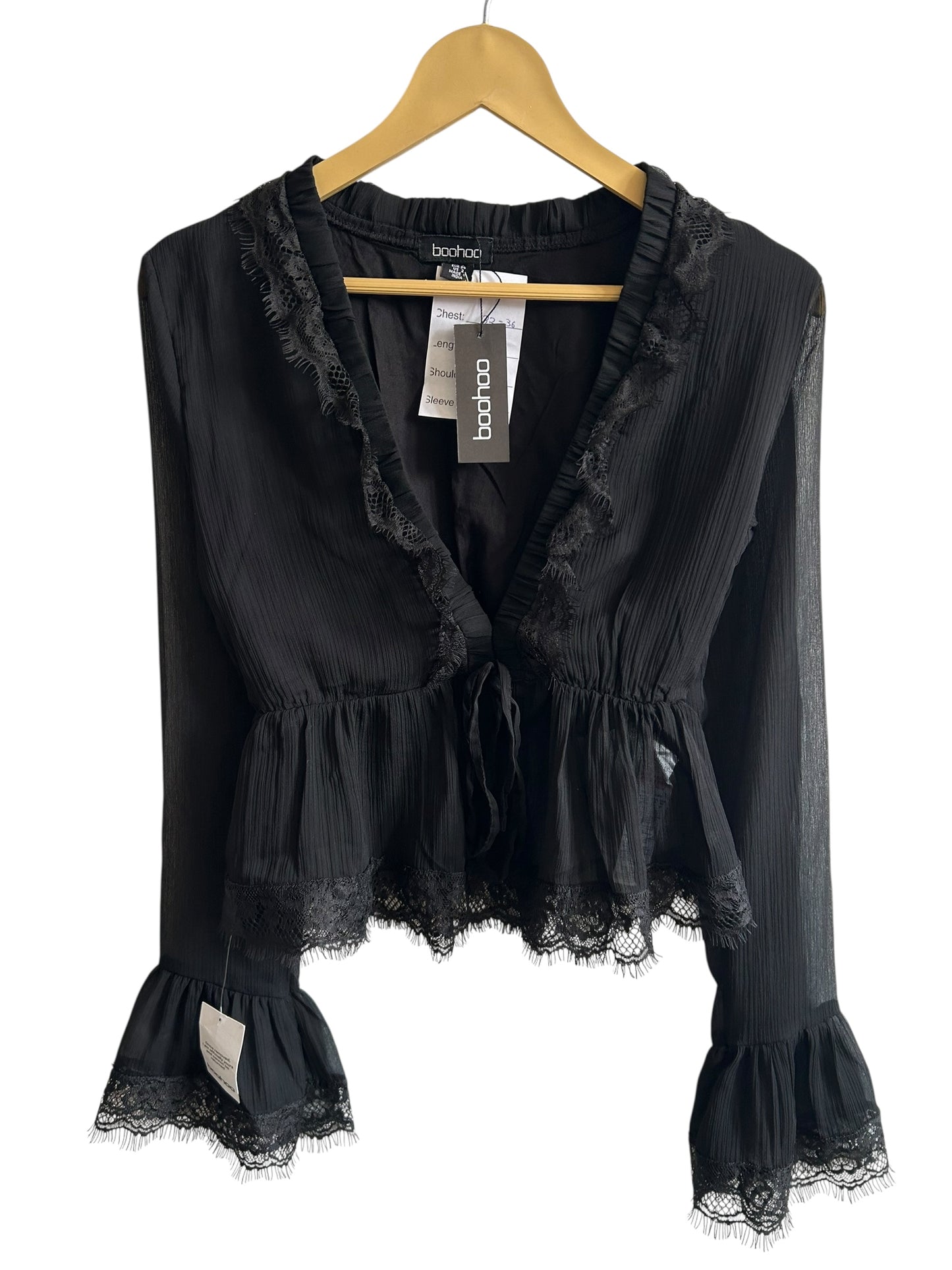 BOOHOO lace trim chiffon ruffle blouse with sheer sleeves and a plunging v-neckline