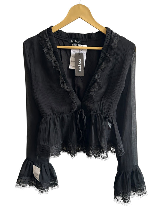BOOHOO lace trim chiffon ruffle blouse with sheer sleeves and a plunging v-neckline