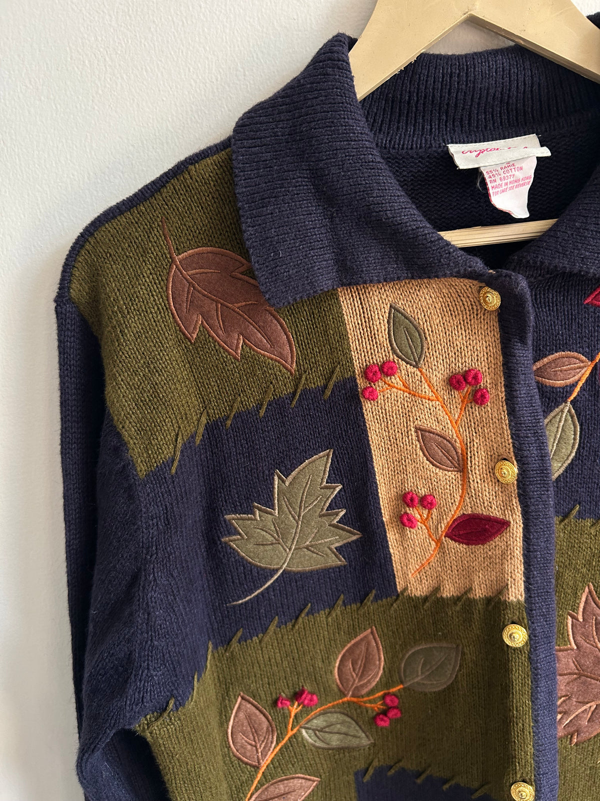 Vintage Autumn Leaf Patchwork Knit Navy Blue Cardigan