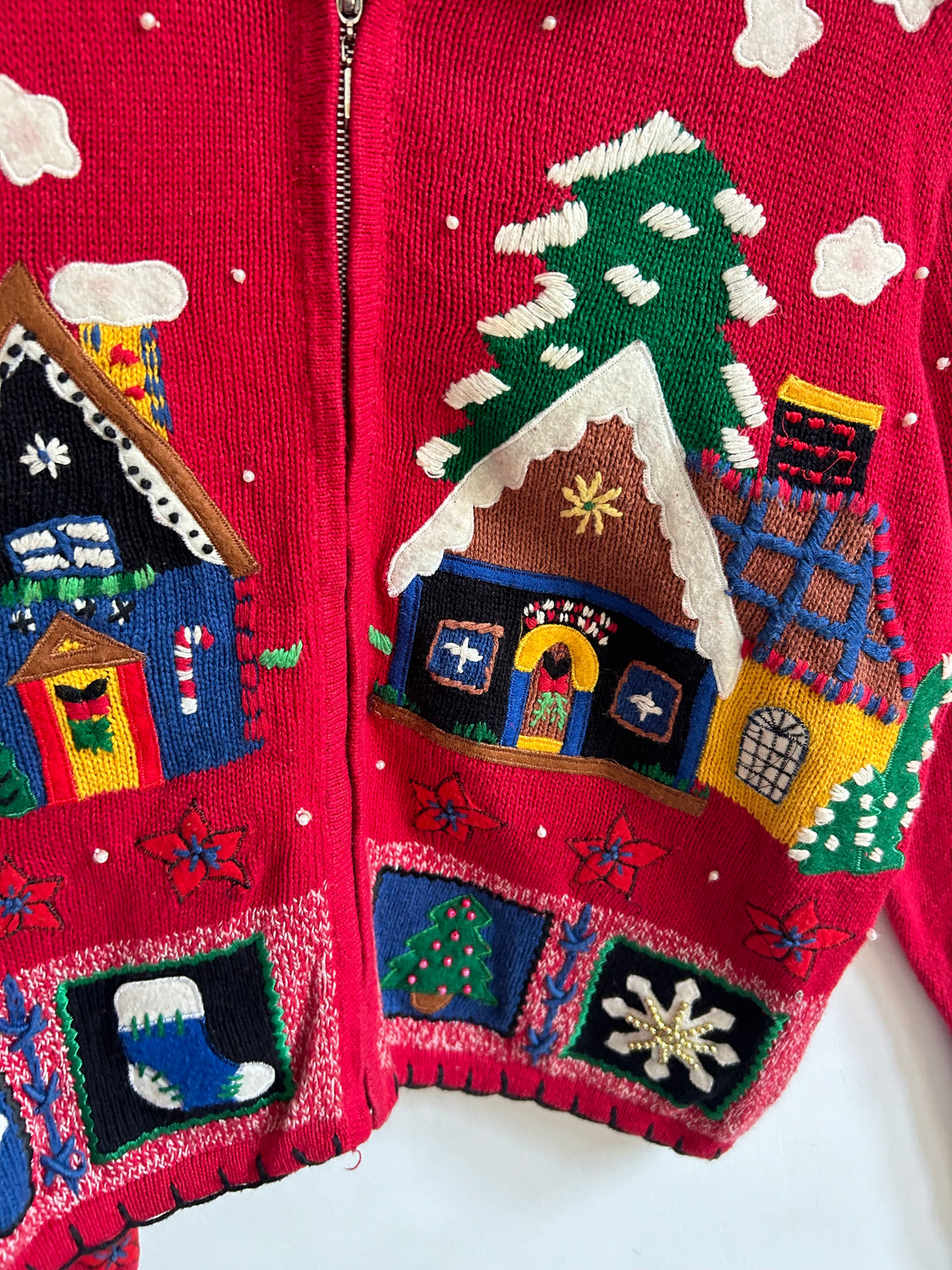 Gingerbread House Christmas Zip Red Cardigan