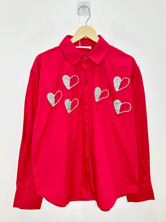 Heart Embellished Cotton Red Shirt