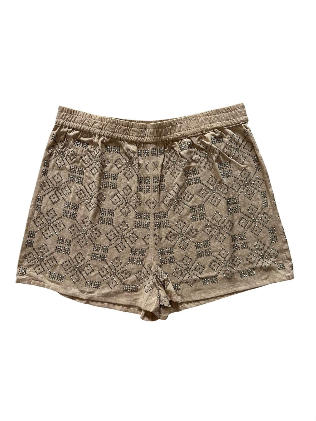 Beige Cotton Embellished Shorts: 32”