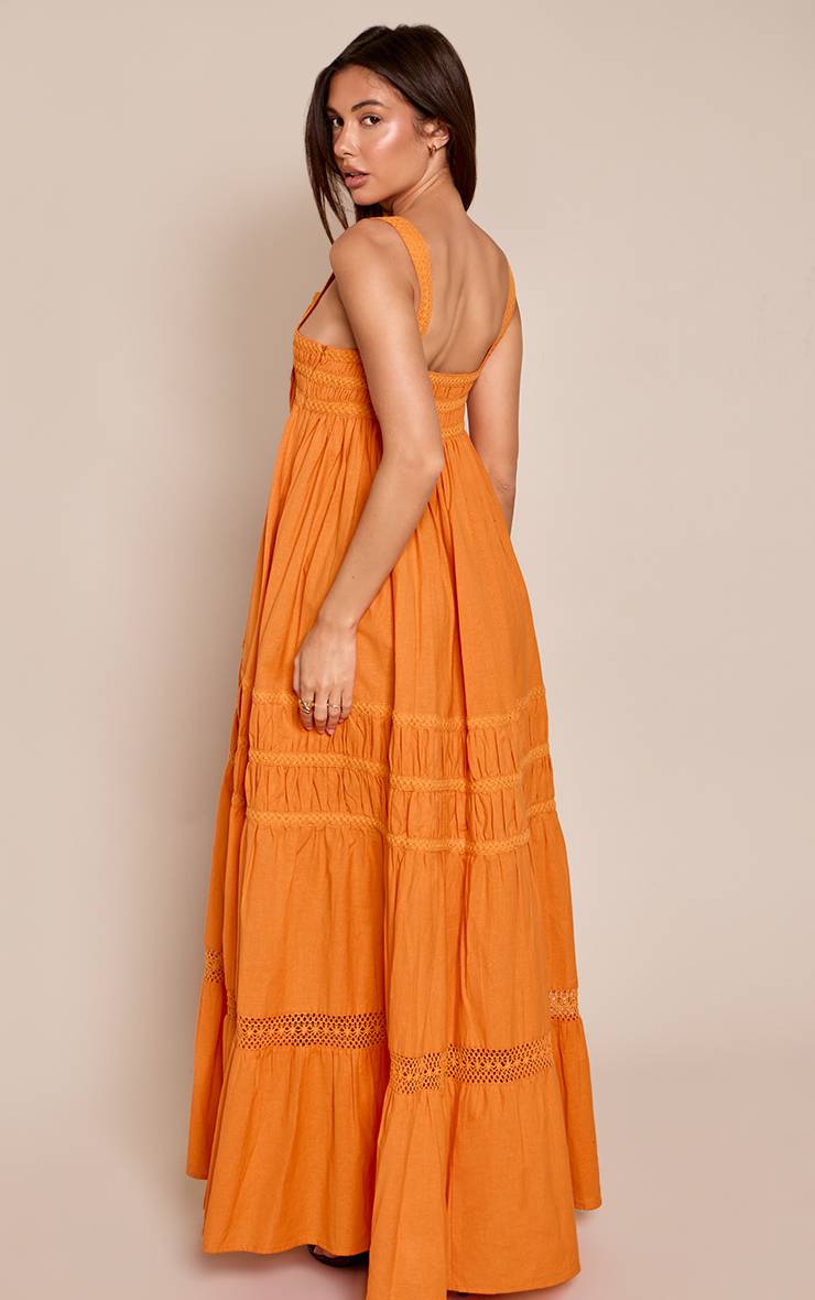 BURNT ORANGE LINEN LOOK EMBROIDERED DETAIL MAXI DRESS