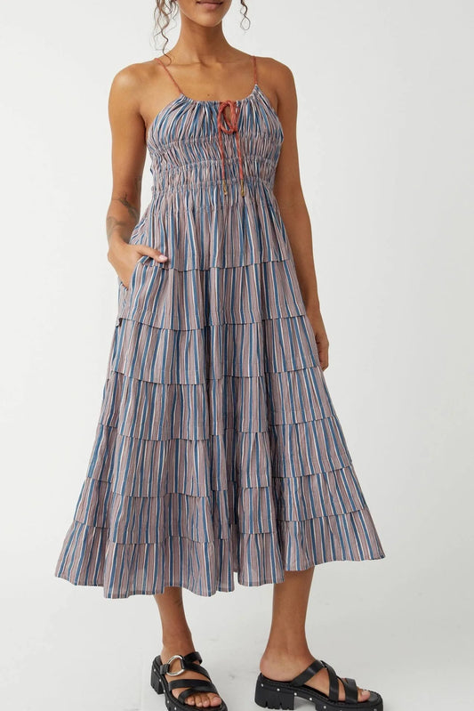 Striped Blue-Grey Cotton Ruffle Dress