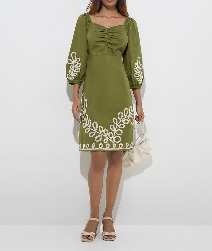 Olive Embroidered Cotton A-Line Dress