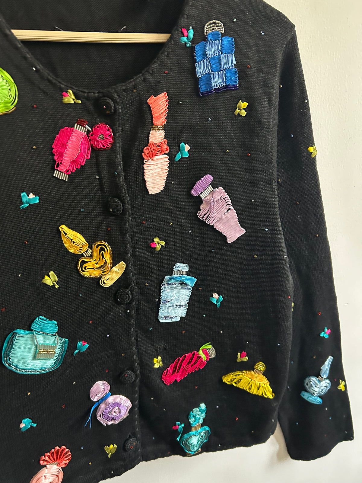 Vintage Perfume Bottle Beaded Black Cardigan