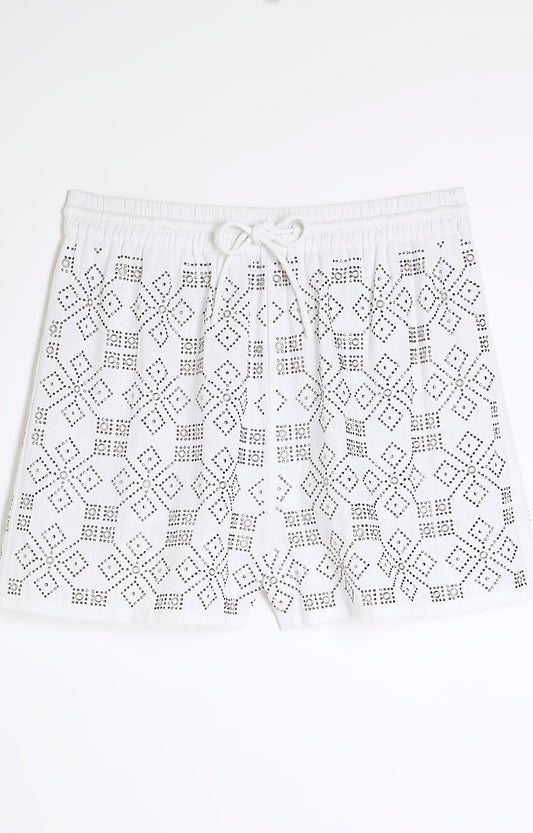 White Cotton Embellished Shorts