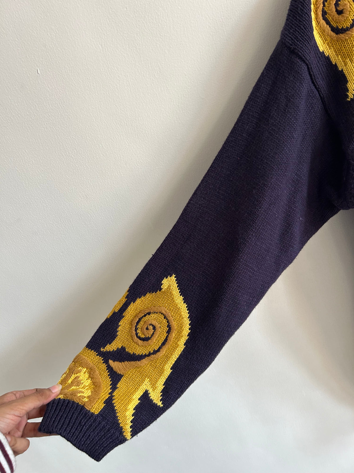 Vintage Baroque Gold Scrollwork Navy Blue Sweater