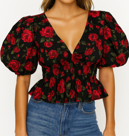 Puff Sleeves Rose Top