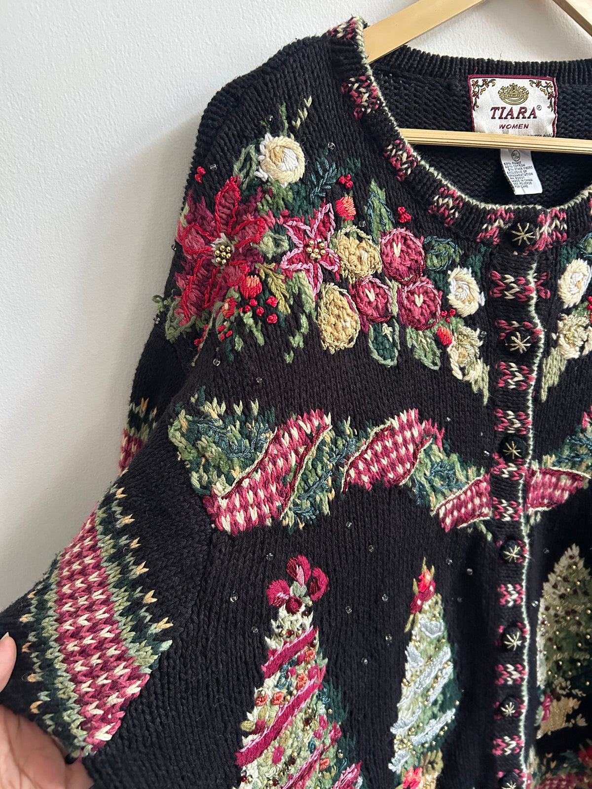 Vintage Christmas Tree Knit Black Cardigan