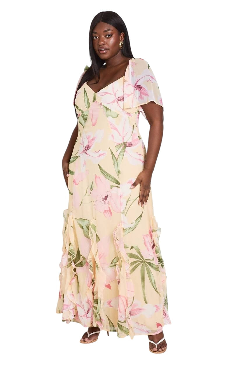 Boohoo Plus Floral Chiffon Puff Sleeve Ruffle Maxi Dress.