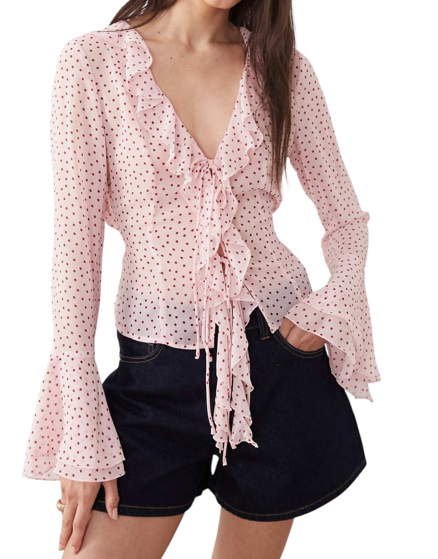 BOOHOO Polka Dot Chiffon Ruffle Top