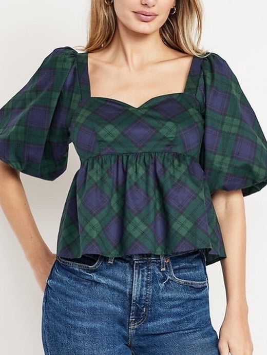 Puff-Sleeve Plaid Poplin Peplum Top