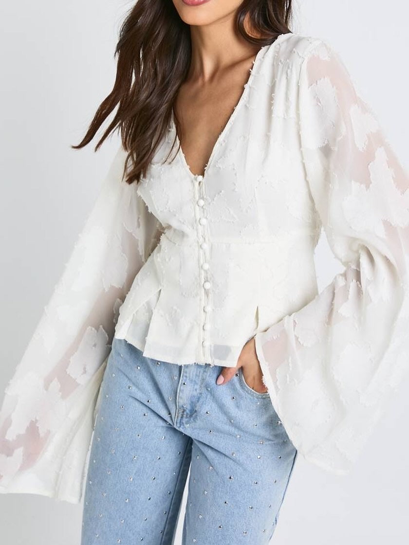 BOOHOO floral textured button down blouse features statement bell sleeves
