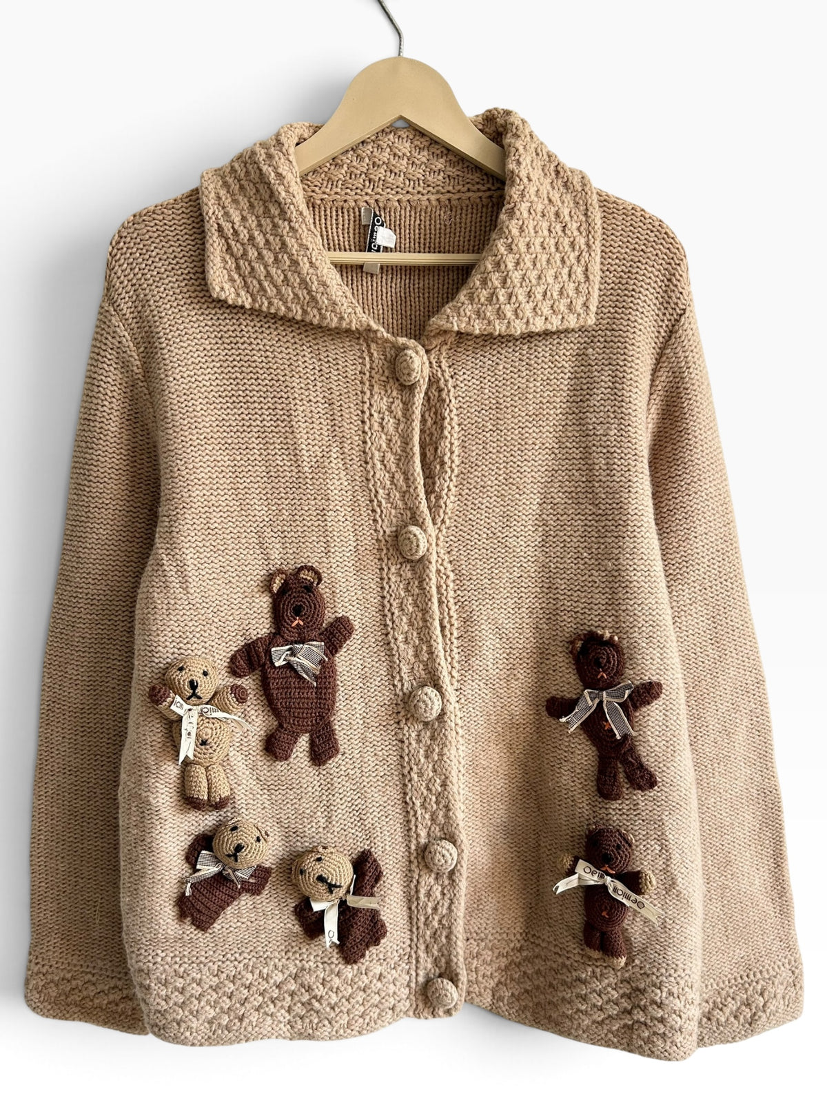 Vintage Crochet Teddy Bear Knit Brown Cardigan