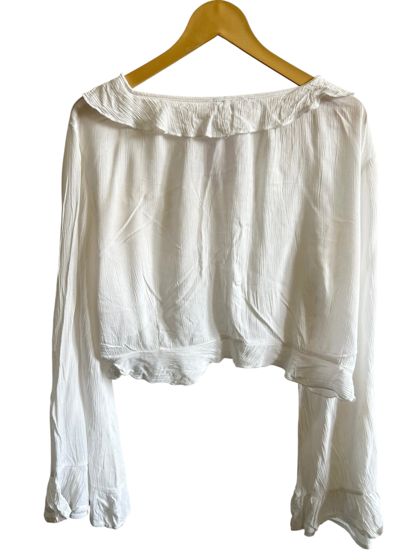 PrettyLittleThing cheesecloth ruffle tie front long sleeve:44”