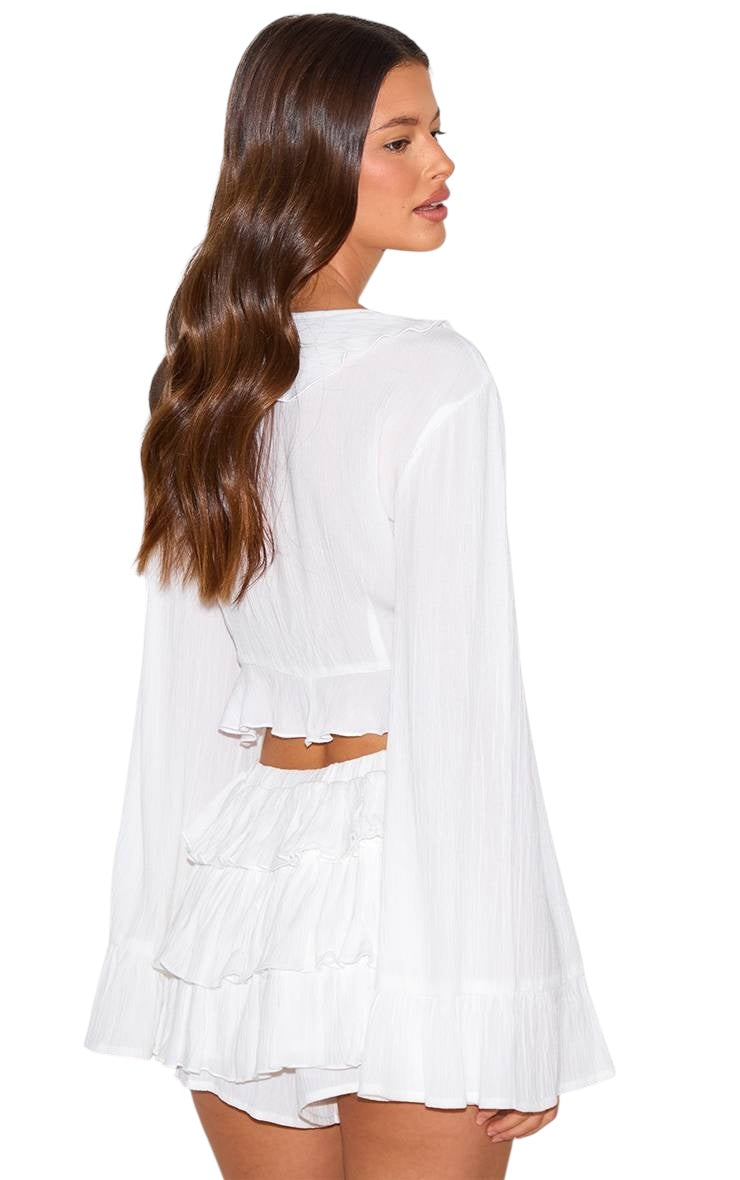 PrettyLittleThing cheesecloth ruffle tie front long sleeve:44”