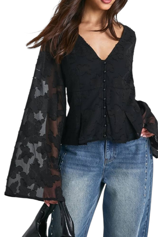 BOOHOO Floral textured button-down blouse with voluminous sheer sleeves.