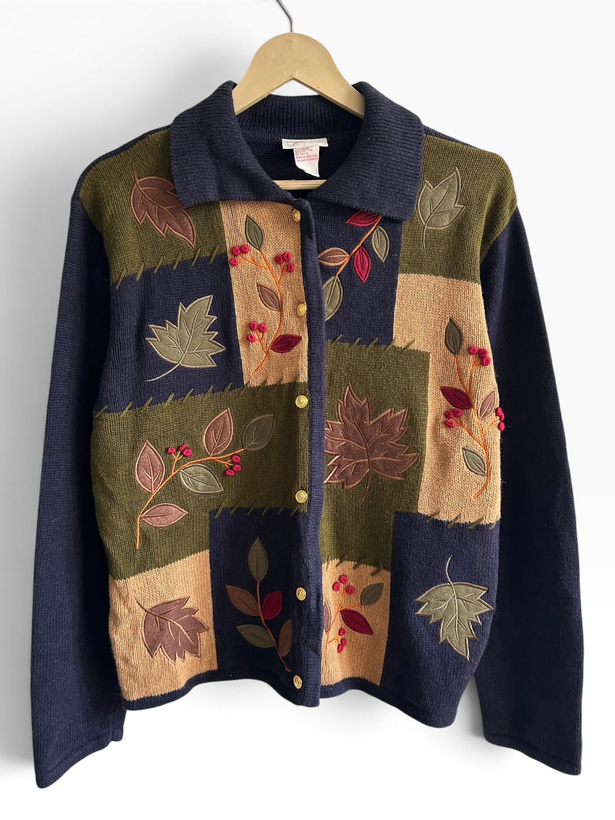 Vintage Autumn Leaf Patchwork Knit Navy Blue Cardigan