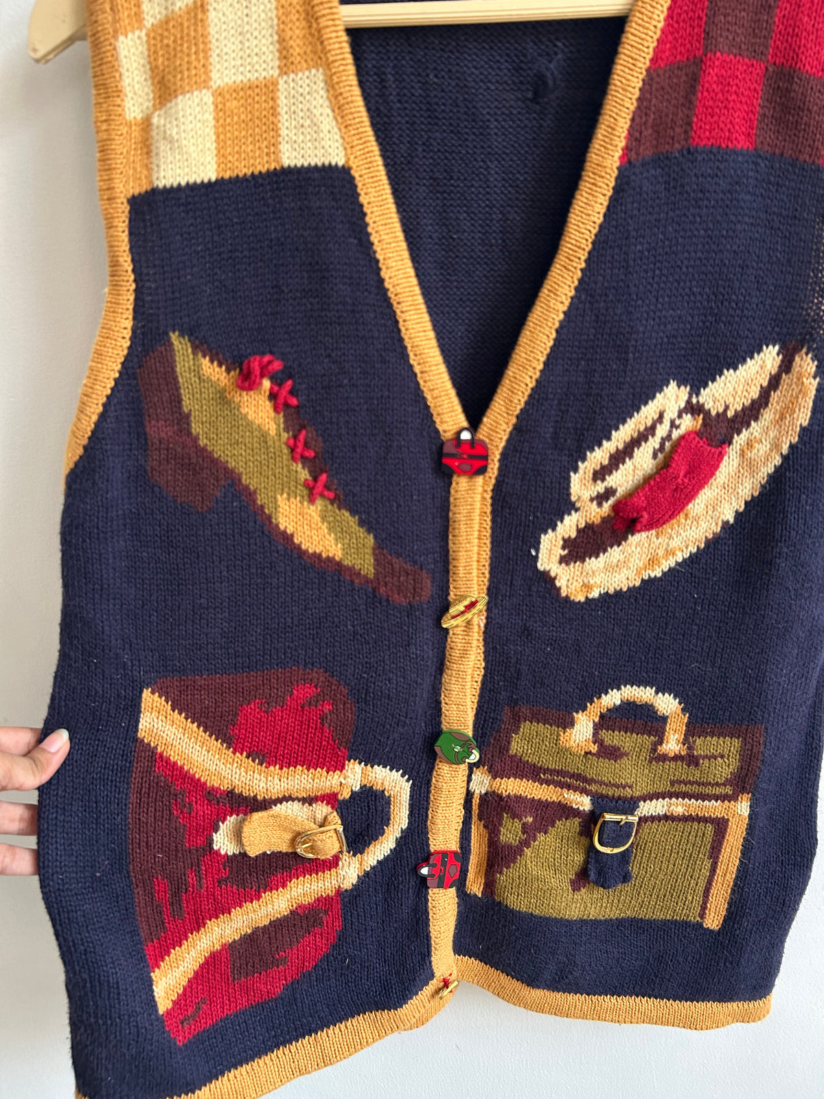Vintage Travel Motif Knit Blue Vest