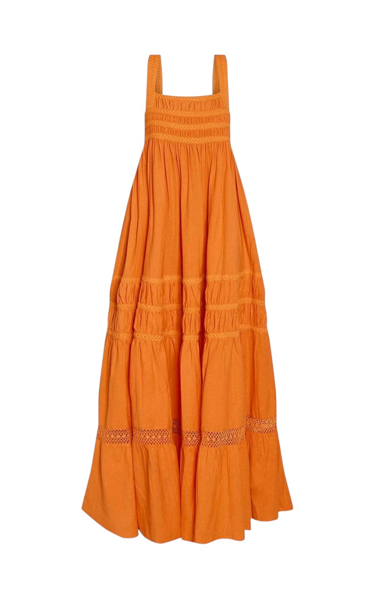 BURNT ORANGE LINEN LOOK EMBROIDERED DETAIL MAXI DRESS