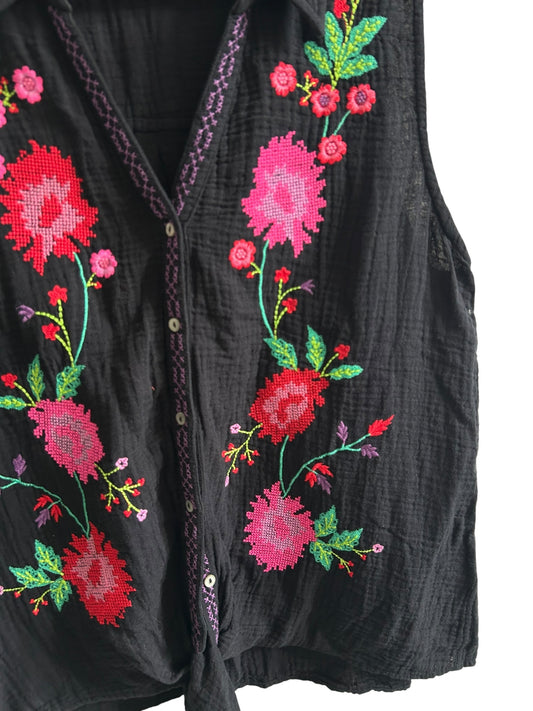 Black Cotton Embroidered Knot Top