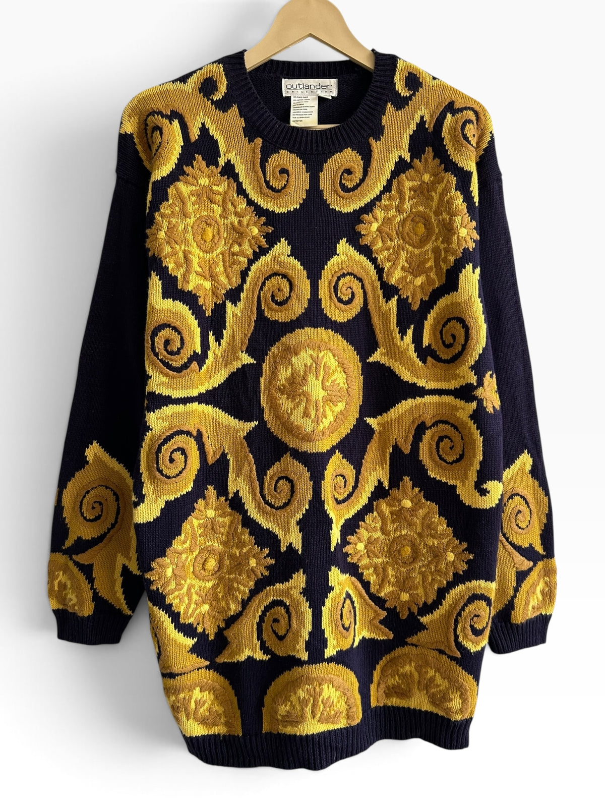 Vintage Baroque Gold Scrollwork Navy Blue Sweater