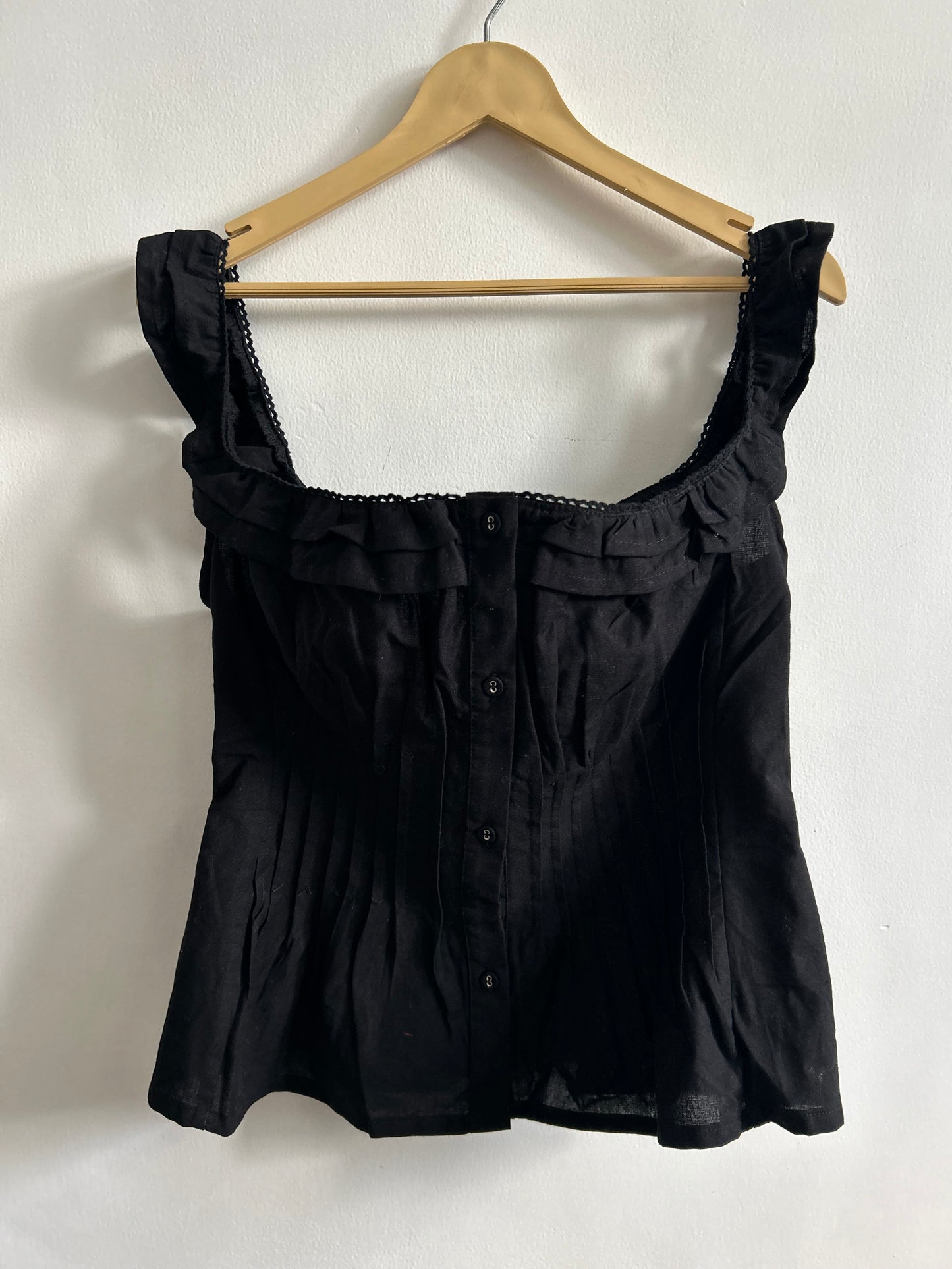 PrettyLittleThing Black Cotton Square Frill Neck Pleated Top.