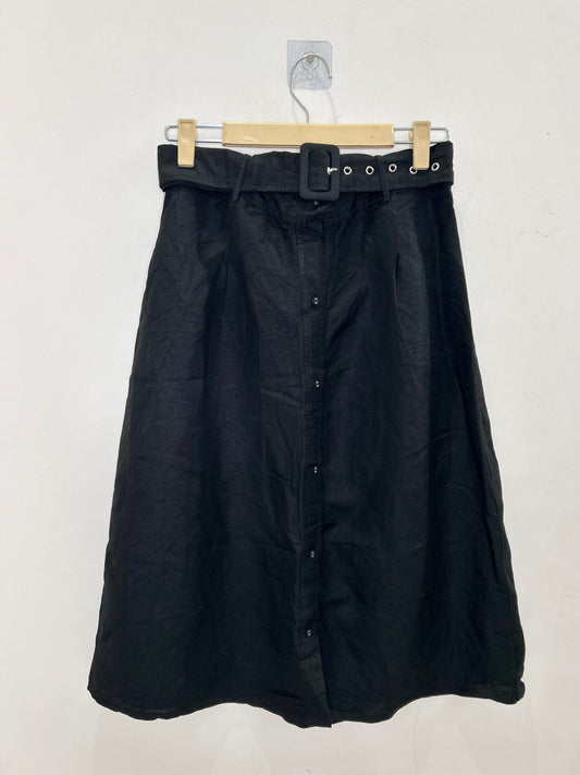 Linen Solid Black Skirt with Belt