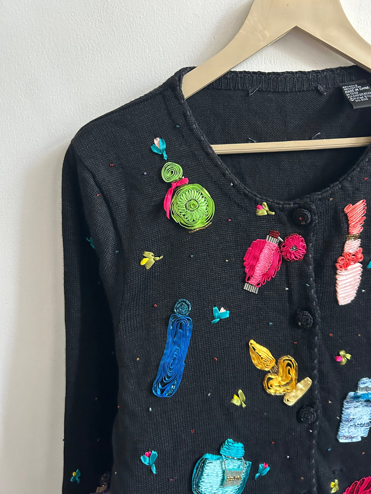 Vintage Perfume Bottle Beaded Black Cardigan