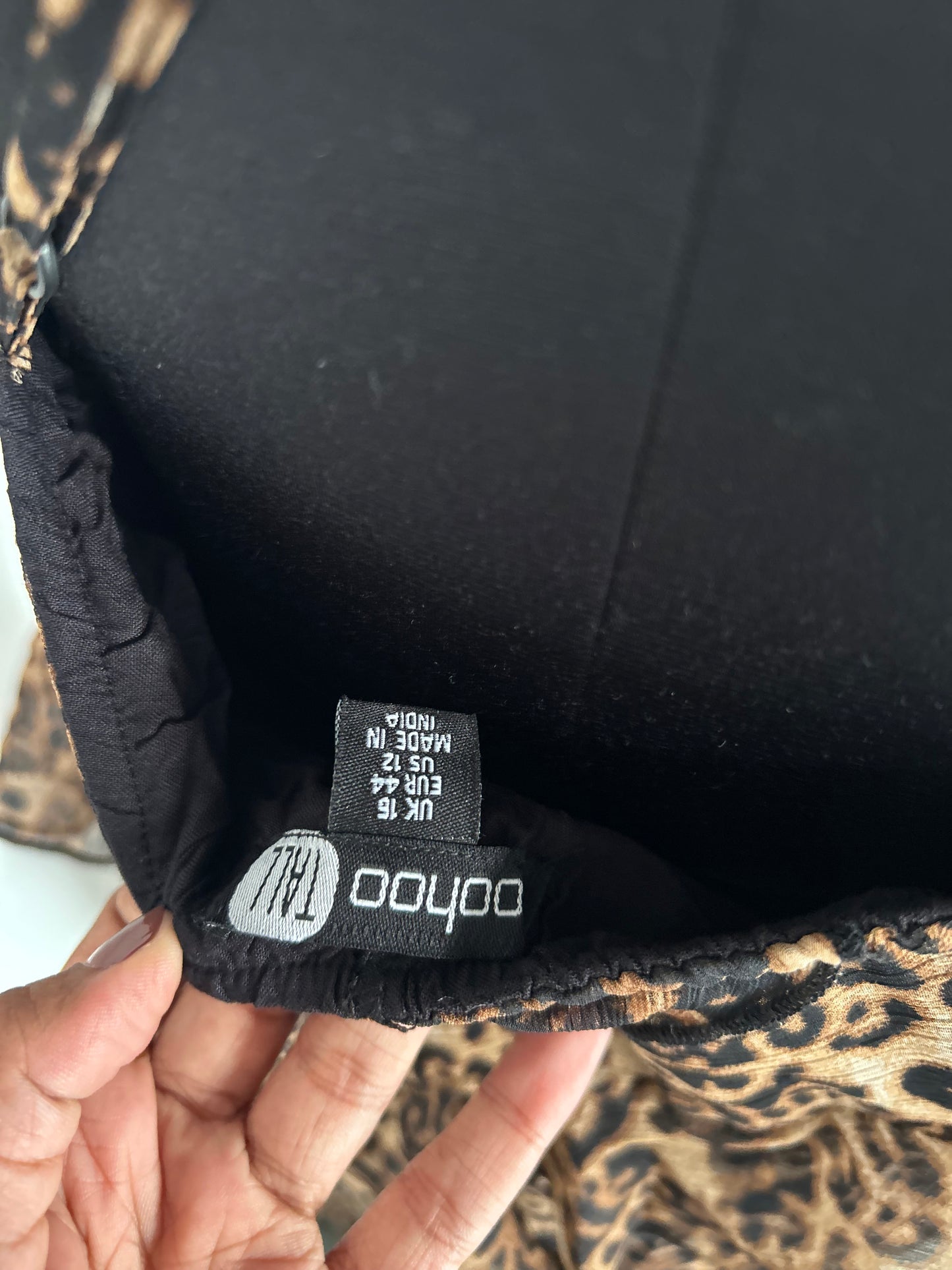 Boohoo leopard print chiffon maxi dress featuring cascading ruffles and spaghetti straps