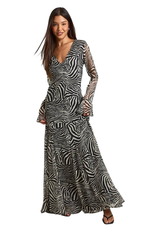 Boohoo Chiffon Ruffle Zebra Fit & Flare Maxi Dress in black