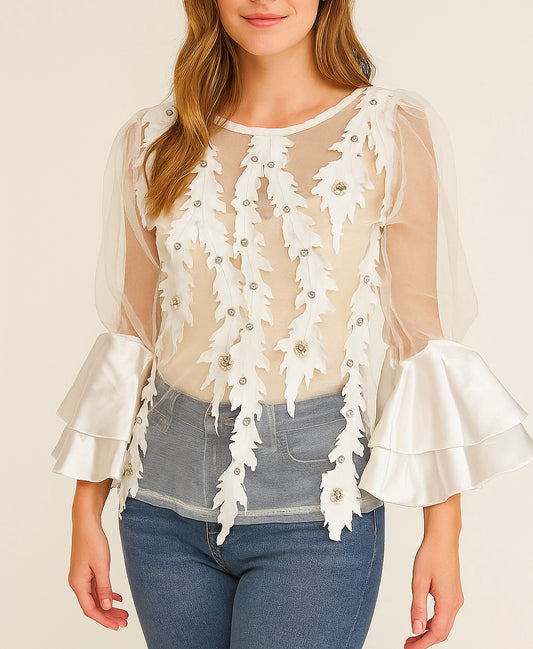 Ruffle Sleeve Mesh Top