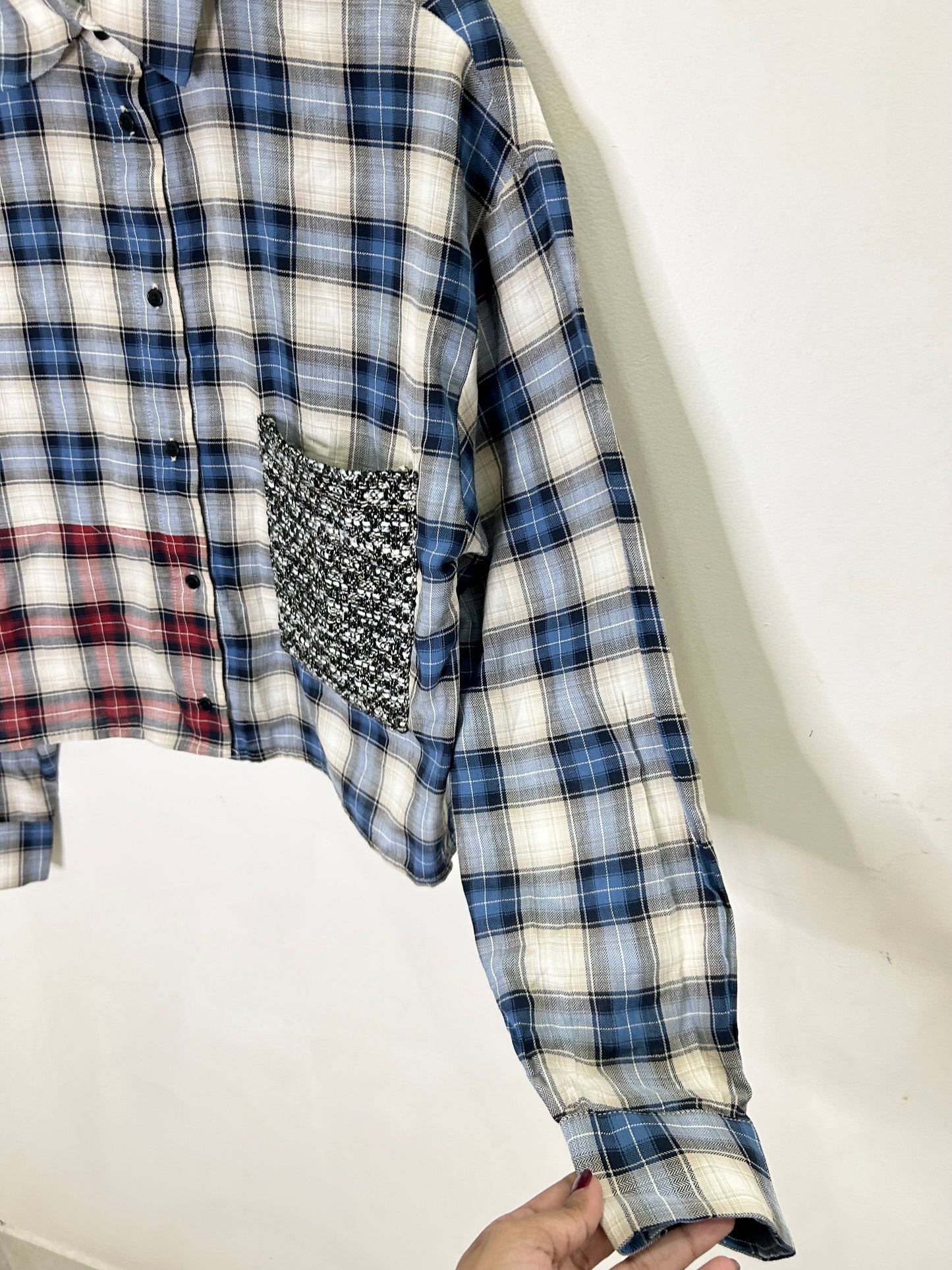 Crop Checked Shirt with Tweed Pocket