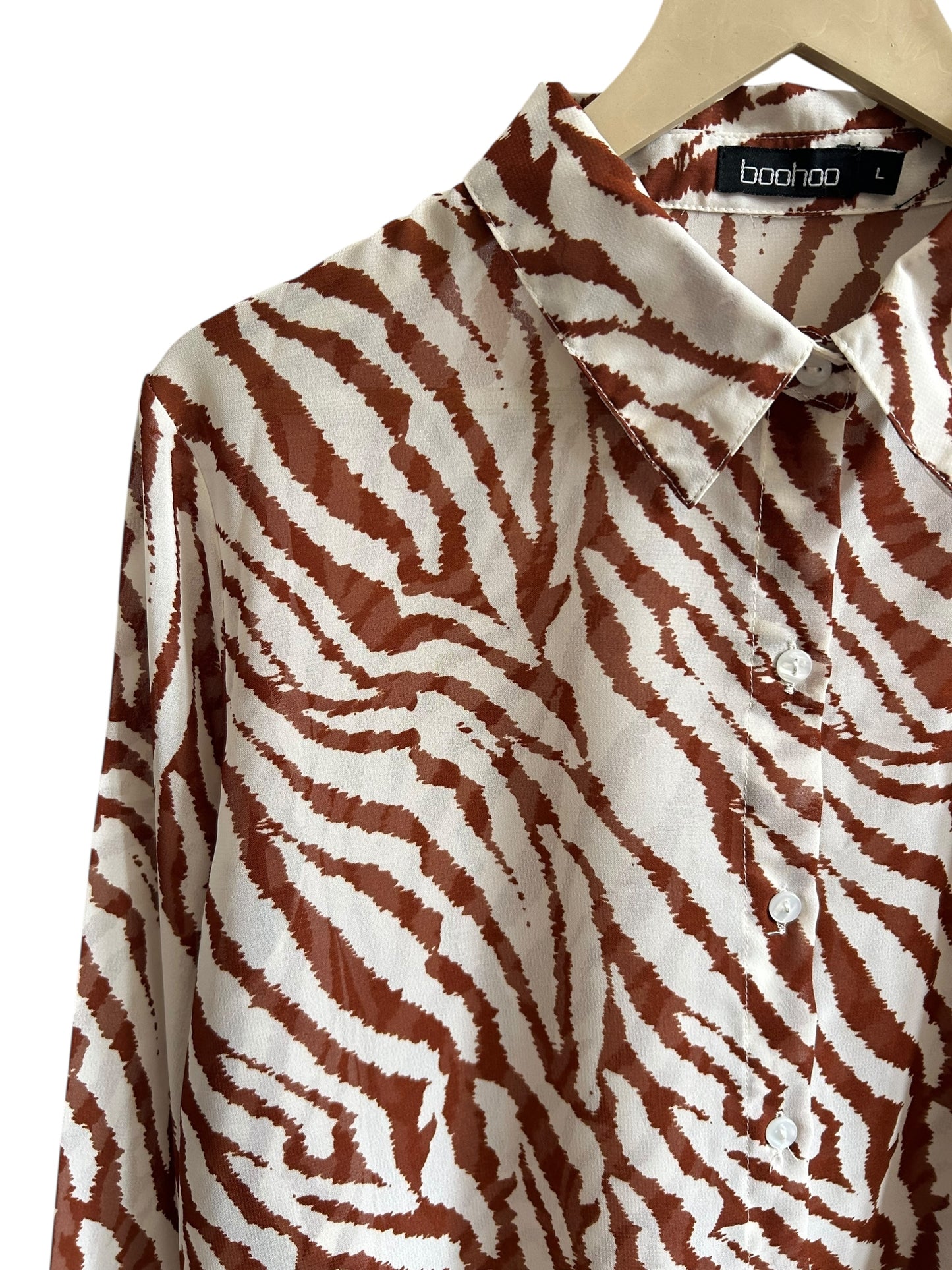 BOOHOO White and brown zebra print long-sleeve blouse