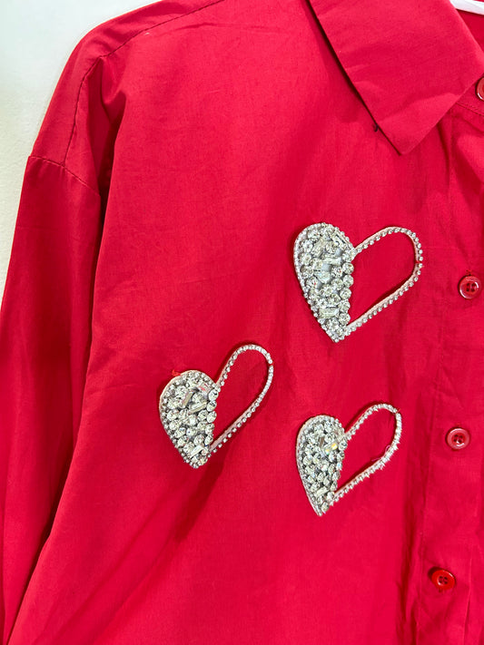 Heart Embellished Cotton Red Shirt